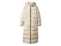 Lange beige gewatteerde jas met capuchon en zwarte rits