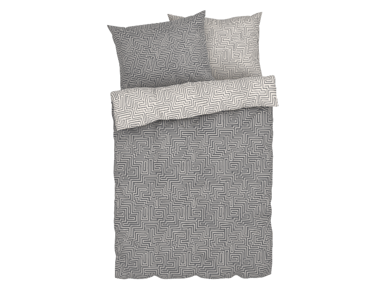 Grijs en beige beddengoed met een labyrintpatroon.