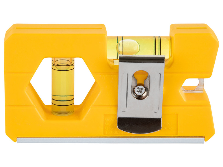 Een gele waterpas met een mesje.