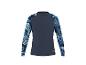 Donkerblauw shirt met lange mouwen en blauwe bladpatronen op de mouwen.
