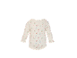 Baby romper met lange mouwen en kleurrijke bloemenprint op een crèmekleurige achtergrond.