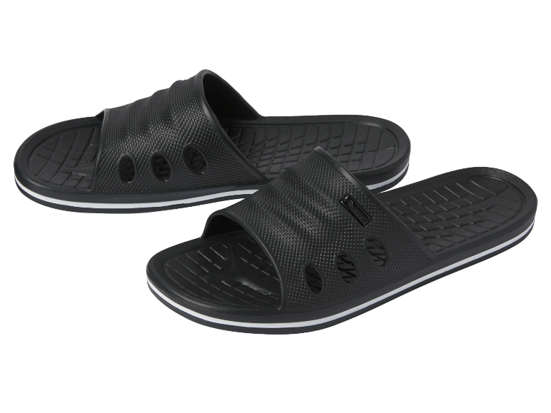 Een paar zwarte slippers met een witte rand.