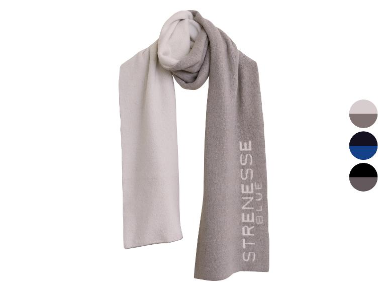 Tweekleurige sjaal met 'STRENESSE BLUE' tekst en kleurenpalet.