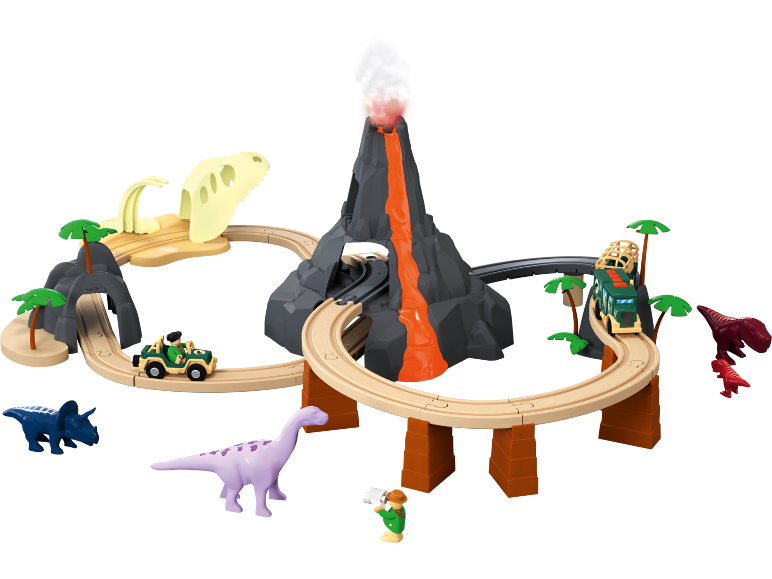 Dinosaurus-speelset met vulkaan, spoorlijn, voertuigen en figuren.