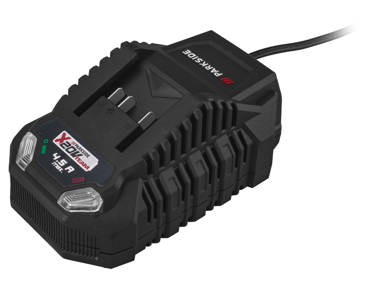 Zwarte acculader met 4.5 A max. output en X20V Team-compatibiliteit.