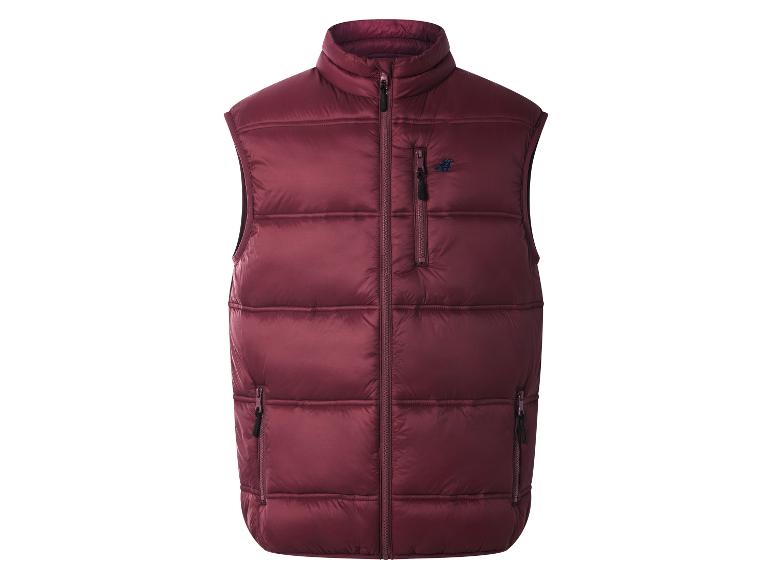 Donker bordeauxrode gewatteerde bodywarmer met rits en logo.
