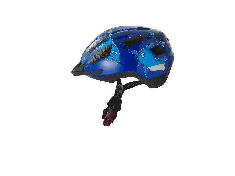 Een blauwe kinderfietshelm met een zeedierontwerp.