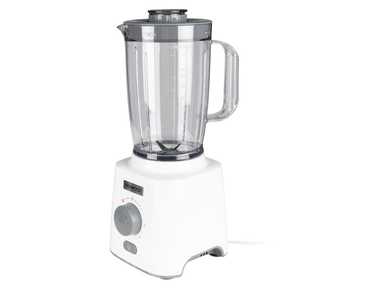 Een witte Kenwood blender met een glazen kan.