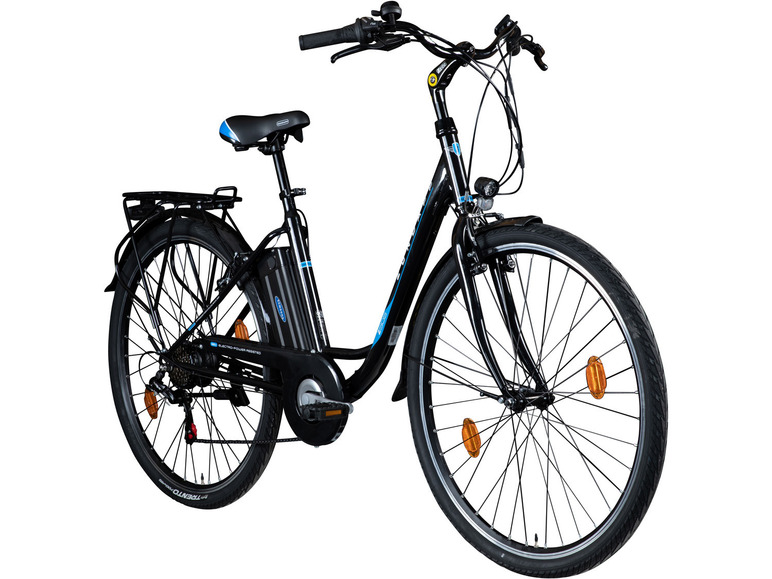 Een zwarte elektrische fiets met een blauwe accenten.