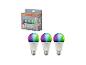 Drie slimme meerkleurige LED-lampen met E27-fitting, getoond met hun verpakking.