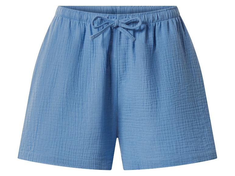Blauwe katoenen damesshort met elastische tailleband en trekkoord.
