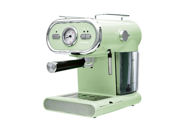 Mintgroene espressomachine met drukmeter en transparant waterreservoir.