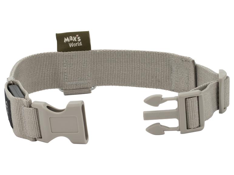 Beige hondenhalsband met gesp en label met de tekst 'Max's World'.
