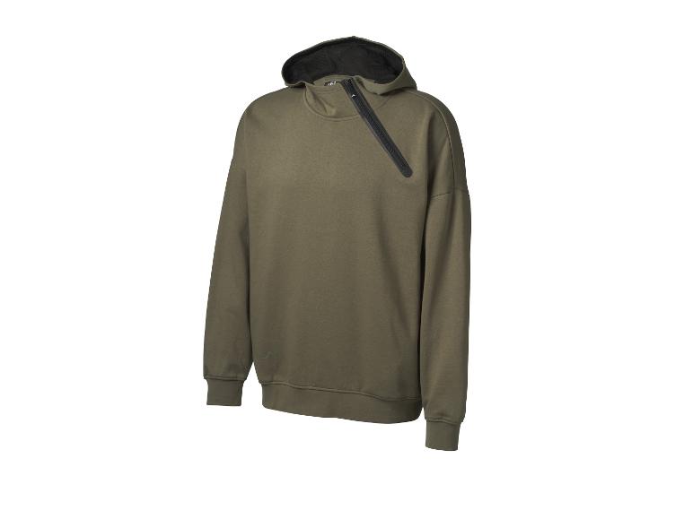 Olijfgroene hoodie met een asymmetrische rits en een zwarte capuchon.