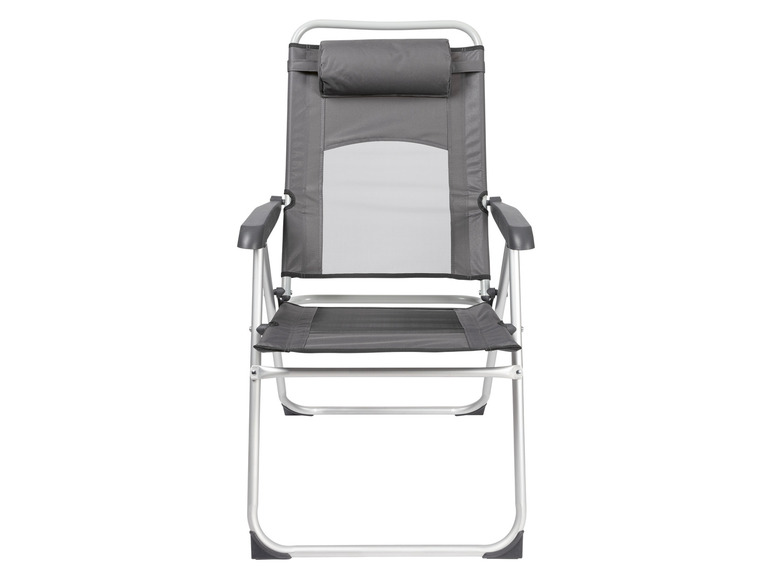 Een grijze campingstoel met een hoofdsteun.