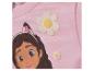 Roze kinderhoodie met stripfiguur en bloemenapplicaties.