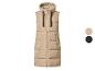 Lange gewatteerde bodywarmer met capuchon in beige, met zwarte trekkoorden en zakken.