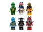 Zes LEGO Ninjago minifiguren, waaronder Lloyd, Nya, Jay, Zane, Cole en een rode demonfiguur.