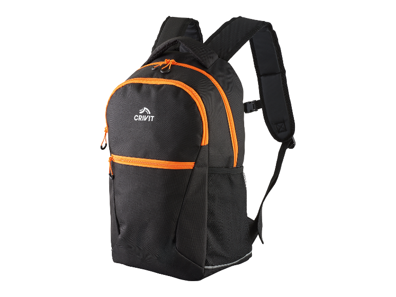 Zwarte Crivit rugzak met oranje details.