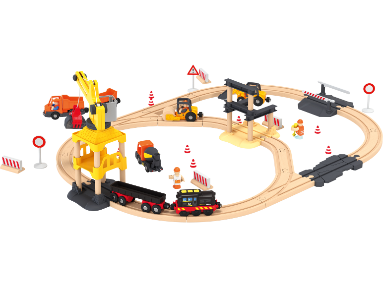 Houten treinset met kraan, vrachtwagens, walsen en bouwvakkers.