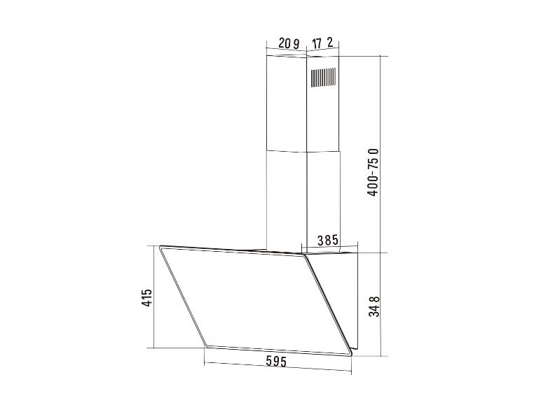 Technische tekening van een afzuigkap met afmetingen: 595 mm breed, 415 mm hoog, schoorsteen 400-750 mm.
