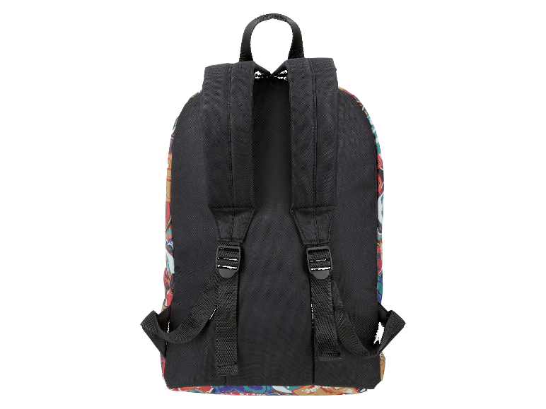 Achterkant van een kleurrijke rugzak.
