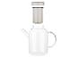 Een glazen theepot met een losse theefilter.