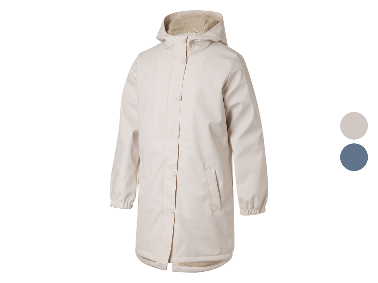 Beige waterdichte jas met fleece capuchon.
