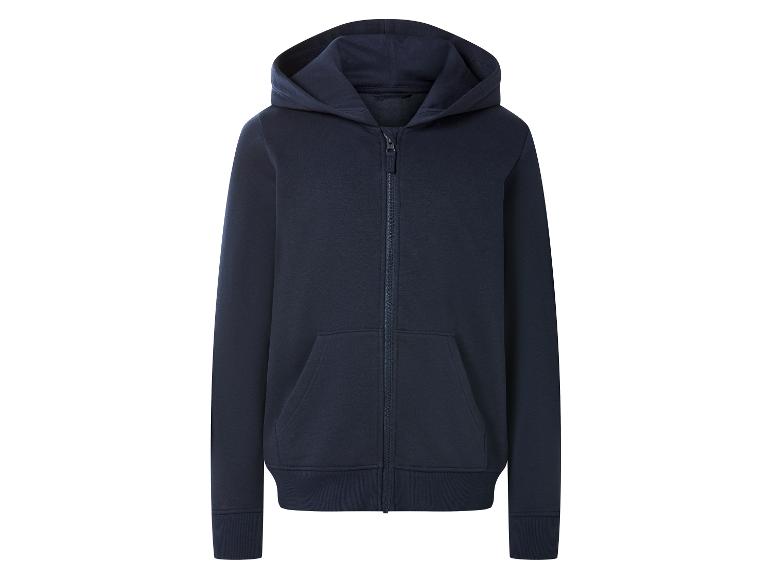 Donkerblauwe hoodie met rits en zakken.