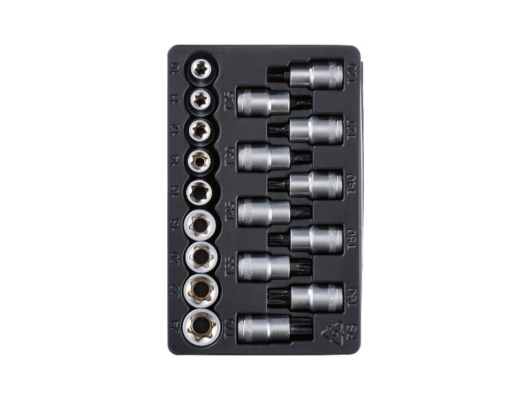 Een set zilveren Torx- en E-type dopsleutels in een zwarte koffer.