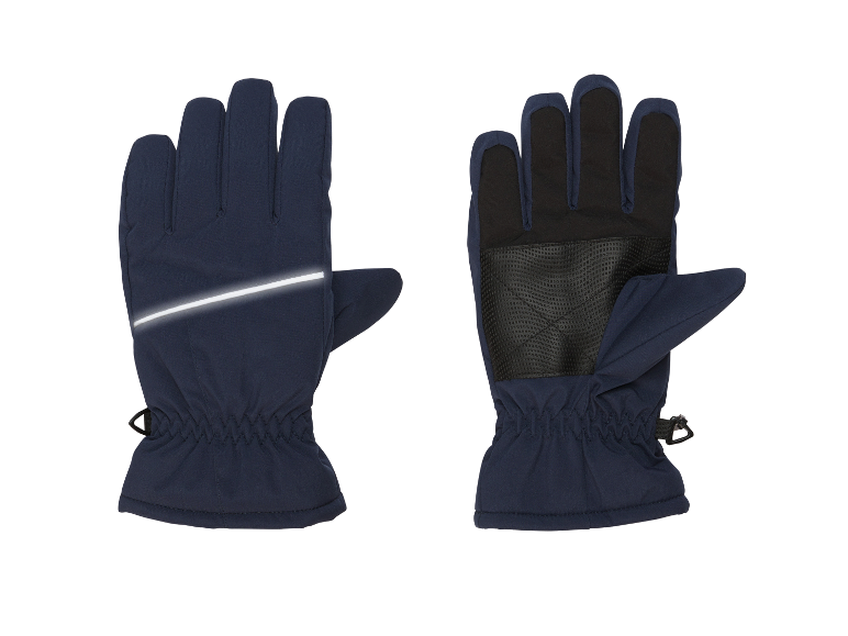 Paar marineblauwe handschoenen met reflecterende streep en getextureerde handpalm, voor- en achterkant.