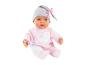 Babypop in roze pyjama met schaapjes en grijze stippenmuts met roze strik.