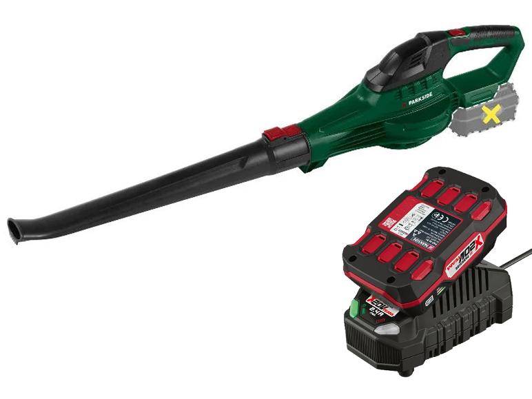 Groene Parkside bladblazer met accu en oplader.