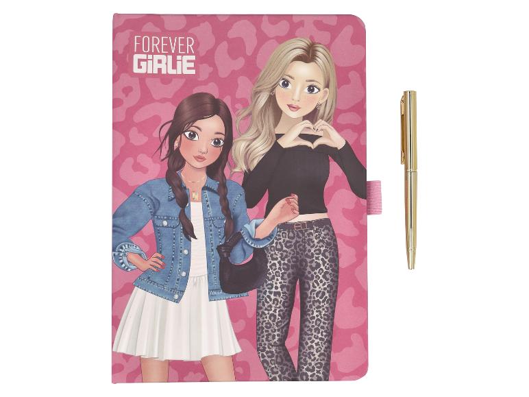 Notitieboek met 'FOREVER GIRLIE' tekst, twee cartoonmeisjes en een gouden pen.