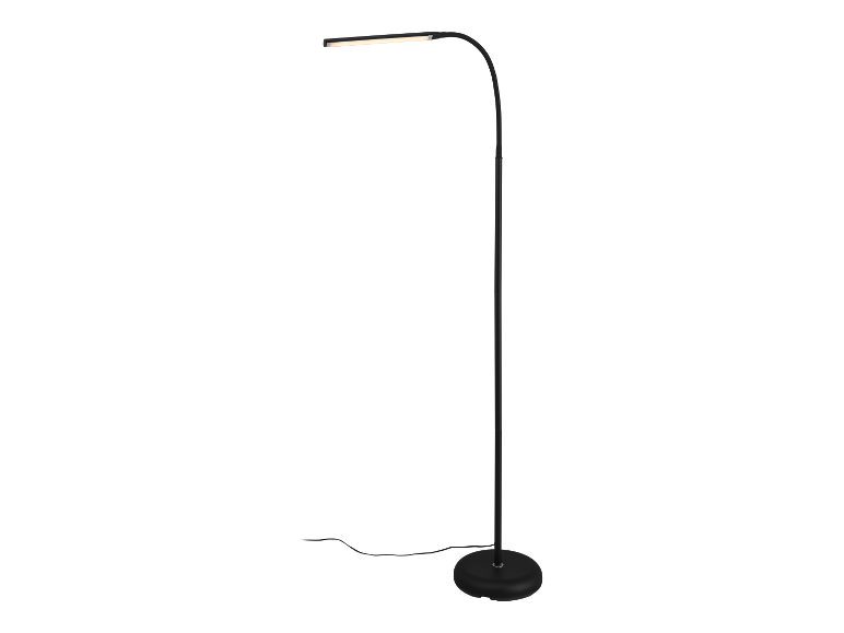 Zwarte LED staande lamp met gebogen arm.