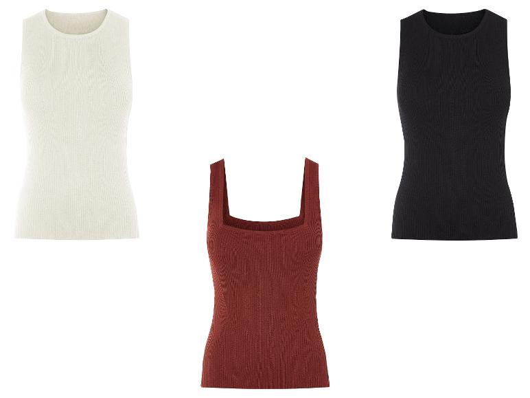 Geribbelde tanktops: crème, zwart en roestbruin.