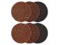 Zes ronde bruine en zwarte schuurschijven op een witte achtergrond