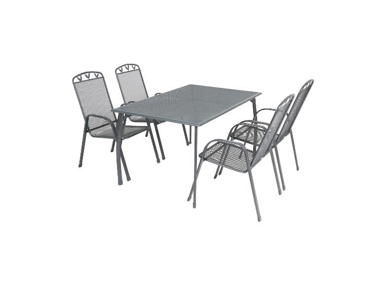 Grijze metalen tuintafel met vier stoelen.