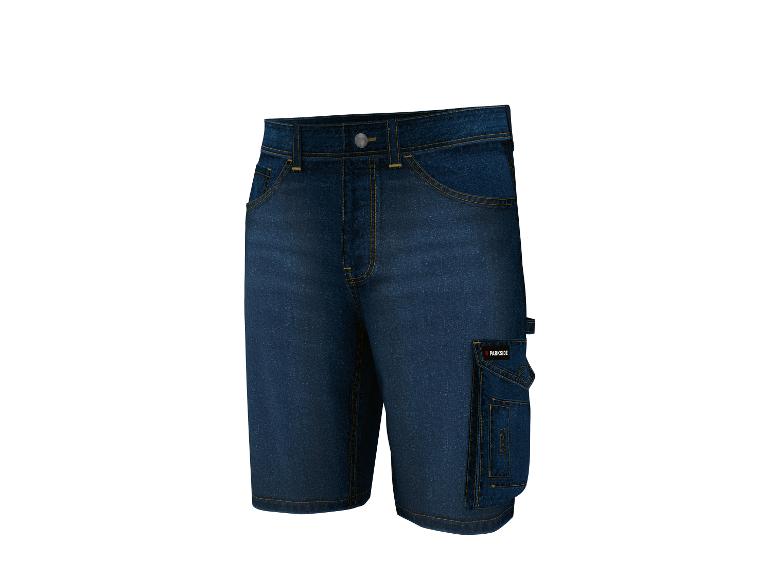 Donkerblauwe Parkside denim werkshorts met zijzakken.