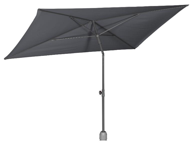 Donkergrijze parasol met vierkant doek en stevige metalen paal.