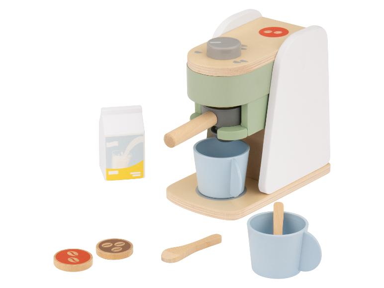 Houten speelgoedkoffiezetapparaat met kopjes, melk en koffiebonen