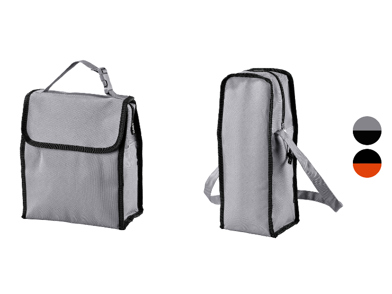 Grijze draagtas met zwarte bies, getoond in twee posities.