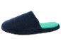 Donkerblauwe pantoffels met mintgroen binnenwerk.