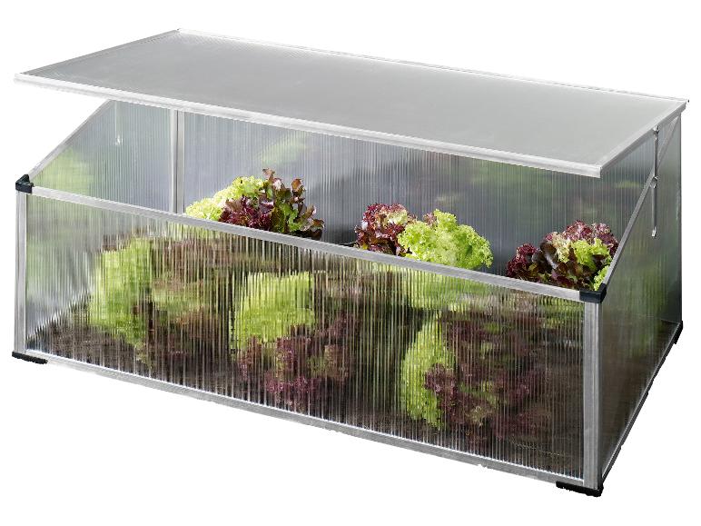 Minikas met open deksel, gevuld met groene en rode sla.