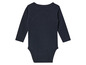 Een donkerblauwe baby romper met lange mouwen.