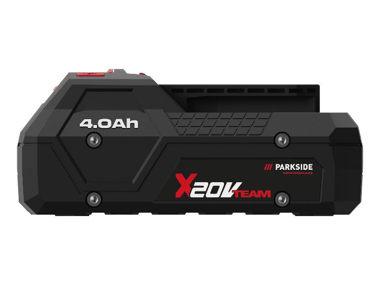 Zwarte 4.0Ah elektrische gereedschapsaccu met rode accenten en de tekst 'X 20V TEAM'.