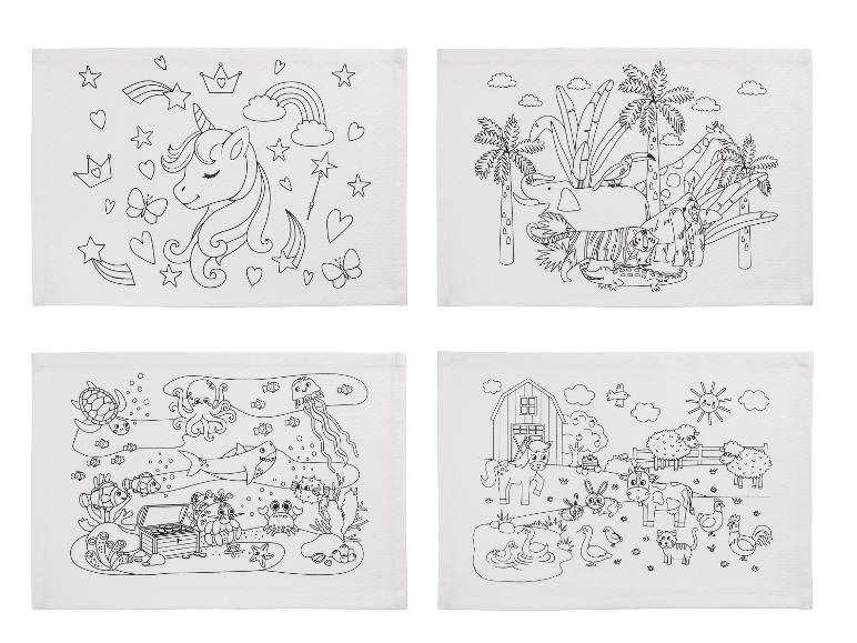 Vier kleurplaten met afbeeldingen van een eenhoorn, jungledieren, zeedieren en boerderijdieren.