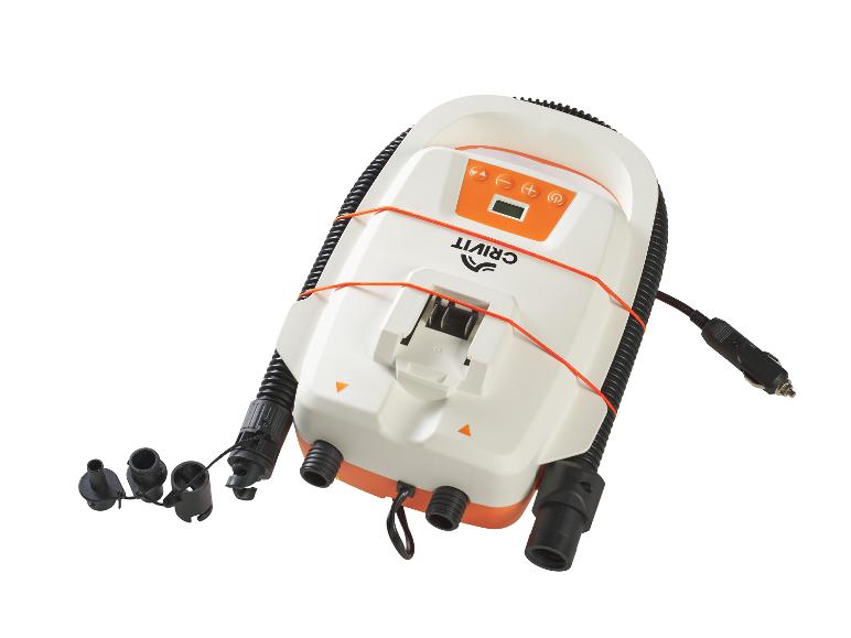 Oranje en witte elektrische pomp met display en diverse mondstukken.