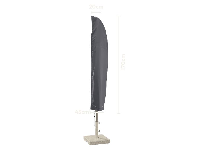 Grijze parasolhoes met afmetingen: 170 cm hoog, 20 cm breed bovenaan en 45 cm onderaan.