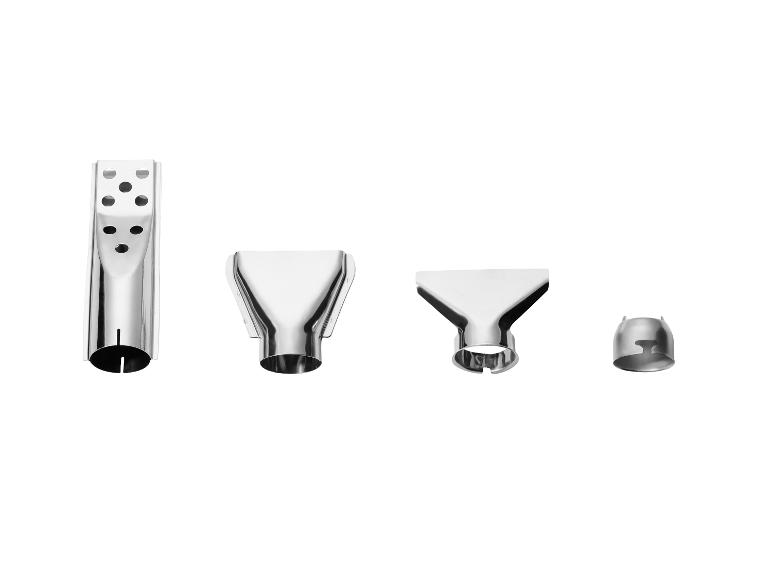 Vier metalen mondstukken voor een warmtepistool, waaronder een met meerdere gaten.